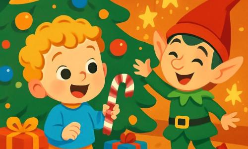 A 2-year-old boy with curly golden hair and bright sparkling eyes stands under a decorated Christmas tree. He smiles in wonder, holding a candy cane in his small hand. Next to him, a mischievous elf with a pointed red hat and pointy ears laughs while waving sparkling stars. The elf has a playful face and wears a bright green outfit. The setting is a cozy room filled with twinkling lights and Christmas decorations. The tree is covered in golden garlands and colorful baubles, while a fluffy rug is scattered with paper snowflakes. The main scene shows the boy and the elf playing together, with the elf throwing sparkling stars around them as the boy laughs, enchanted by the magic of Christmas.