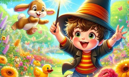 Un niño de 3 años, Lucas, con cabello castaño desordenado y una gran sonrisa, lleva un sombrero de mago demasiado grande y agita una varita brillante. Está bailando en un jardín colorido, rodeado de flores vibrantes que parecen reír y moverse al ritmo de su magia. A su lado, un conejito llamado Max, de 2 años, con pelaje suave y largas orejas, salta alegremente, con ojos chispeantes. Un pato de plástico, el 