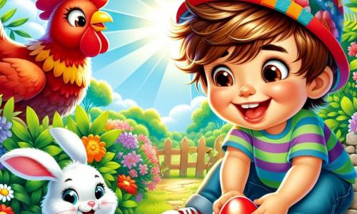 Un bambino di un anno, con capelli castani disordinati e occhi scintillanti di gioia, indossa un cappello colorato e una maglietta a righe. È accovacciato in un giardino verdeggiante, sorridendo largamente mentre scopre un uovo rosso brillante nascosto sotto un albero. Vicino a lui, una gallina rossa di nome Pina, con piume brillanti, si erge fiera su un muretto, osservando Luca con curiosità. Un adorabile coniglietto bianco di nome Tito, con grandi orecchie, salta gioiosamente attorno a lui, pronto ad aiutarlo nella sua ricerca. Il giardino è pieno di fiori colorati, arbusti verdi e un cielo blu chiaro punteggiato di nuvole bianche e soffici. I raggi di sole illuminano la scena, creando un'atmosfera gioiosa e primaverile. Luca, meravigliato, cerca uova di Pasqua nascoste nel giardino, circondato dai suoi amici animali, in un'atmosfera festosa e felice.