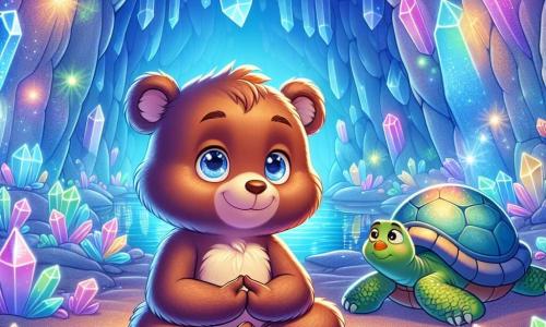 Un giovane orso bruno di nome Arturo, con occhi scintillanti di curiosità e un pelliccia morbida e setosa, è seduto pacificamente al centro di una grotta di cristallo. Respira profondamente, con un leggero sorriso sul volto, mentre riflessi colorati danzano attorno a lui, creando un'atmosfera rilassante. Accanto a lui, una grande tartaruga saggia, Tilda, con un guscio brillante e occhi saggi, osserva Arturo con benevolenza. La grotta è illuminata da cristalli scintillanti, proiettando riflessi di luce in tonalità di blu, verde e rosa sulle pareti. Il pavimento è coperto da un morbido tappeto di sabbia fine, e fiori luminescenti crescono qua e là, aggiungendo un tocco di magia all'ambiente. Arturo, in meditazione, pratica una respirazione lenta e profonda, circondato da colori rilassanti, mentre Tilda lo incoraggia silenziosamente a connettersi con le sue emozioni e a trovare la serenità.