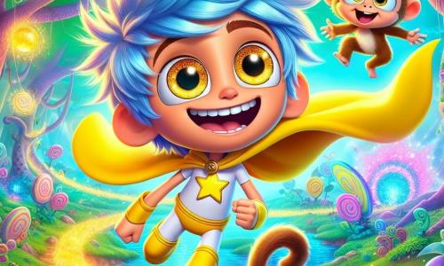 Super Lúcio é um jovem garoto com cabelos azul elétrico bagunçados e olhos dourados que brilham como estrelas. Ele usa uma capa amarela brilhante que flutua atrás dele enquanto voa, com um grande sorriso no rosto, demonstrando sua determinação e alegria. Ao seu lado, Pipoca, um pequeno macaco travesso com pelagem marrom claro e uma cauda enrolada, pula de alegria, seus olhos brilhando de excitação. A cena ocorre na floresta mágica de Brilhaluz, onde as árvores com folhas multicoloridas cintilam sob o sol, e rios de suco de frutas serpenteiam entre rochas de doce. Flores gigantes em tons vibrantes cercam os personagens, acrescentando à atmosfera encantada. Super Lúcio e Pipoca estão voando juntos em direção à Cidade das Borboletas, pois ouviram um grande barulho e querem descobrir o que está acontecendo. A expressão de Lúcio mostra que ele está pronto para um desafio, enquanto Pipoca parece ansioso e curioso.