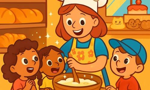 A smiling woman, Bella, wearing a large white hat and a floral apron, is mixing dough in a big wooden bowl. Her eyes sparkle with joy and her face is lit up by a wide smile. Next to her, three children, two girls and a boy, about 6 years old, watch in wonder. The first girl has curly hair and wears a pink dress, the second girl has braids and a yellow t-shirt, while the boy has a blue cap and striped shorts. They are all standing on a small stool, trying to reach the work table. The scene takes place in a cozy bakery, with shelves filled with golden bread, colorful cakes, and animal-shaped cookies. Sun rays filter through the windows, illuminating the flour dancing in the air. Bella and the children are preparing a new recipe for magical bread, mixing ingredients enthusiastically, while small sparkling stars float around them, adding a touch of magic to their culinary adventure.