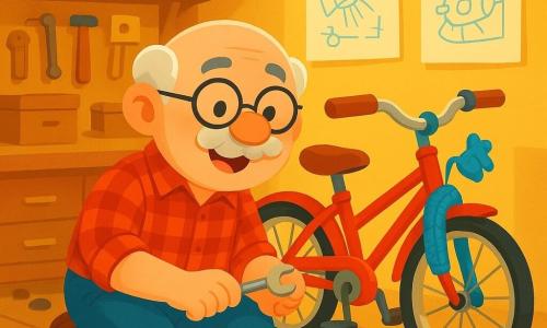 Un hombre de unos 60 años, con una sonrisa cálida, un gran bigote suave y gafas redondas, está sentado en el suelo de su taller. Lleva una camisa de cuadros rojos y pantalones azules, y está reparando su bicicleta roja, con los ojos brillantes de emoción y curiosidad. A su lado, su fiel bicicleta, adornada con una pequeña campanita azul y una bufanda de lana, parece casi viva, lista para la aventura. El taller está lleno de cajas de madera, herramientas de colores y piezas de metal brillantes, con rayos de sol filtrándose por una ventana, iluminando la escena con luz dorada. Dibujos de máquinas e inventos están colgados en las paredes, añadiendo un toque de creatividad al ambiente. La situación principal muestra el momento en que el señor Tomás descubre una pequeña ramita atrapada en los radios de la rueda de su bicicleta. Se inclina con atención, con una sonrisa de satisfacción en el rostro, listo para resolver el misterio del ruido “cric-cric” de su valiosa bicicleta.