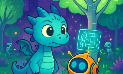 Zilo, un joven dragón con escamas azul turquesa brillantes y ojos curiosos, se encuentra en el centro del parque central de Luminópolis, con aire decidido e intrigado. Observa los árboles luminosos que parpadean, sus pequeñas alas plegadas en su espalda, listo para explorar. A su lado, Chip, un pequeño robot esférico de colores vivos, flota alegremente, con ojos holográficos parpadeando de preocupación. Proyecta imágenes de circuitos desordenados, tratando de entender el problema. El parque está lleno de grandes árboles con troncos plateados y hojas fosforescentes, iluminando el suelo con tonos verdes y violetas. Caminos de mosaico serpentean entre las plantas inteligentes, mientras que robots jardineros trabajan en el fondo, con herramientas brillando a la luz de los neones. Zilo y Chip están frente a un árbol que parpadea de manera errática, decididos a descubrir la fuente de este misterio luminoso.