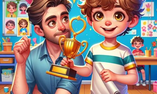 Un niño de 10 años, Nico, con cabello castaño y rizado, y ojos llenos de curiosidad, se encuentra en el centro de la imagen, sosteniendo un hermoso trofeo dorado en una mano y una foto enrollada en la otra. Su rostro expresa gran alegría y emoción, mientras sonríe ampliamente, listo para regalar su obsequio a su padre. A su lado, su padre, un hombre de unos 35 años, con cabello castaño y una barba ligera, mira a su hijo con ojos emocionados y una sonrisa orgullosa. Lleva una camisa casual y jeans, ligeramente inclinado hacia adelante, mostrando su interés y afecto. La escena tiene lugar en un aula colorida, decorada con globos y guirnaldas para el Día del Padre, con dibujos de niños en las paredes y una gran mesa cubierta de regalos y tarjetas hechas a mano. La situación principal muestra a Nico entregando su regalo a su padre durante la celebración del Día del Padre en la escuela, un momento lleno de emoción y ternura, donde el amor y la gratitud se mezclan en el aire festivo de la celebración.