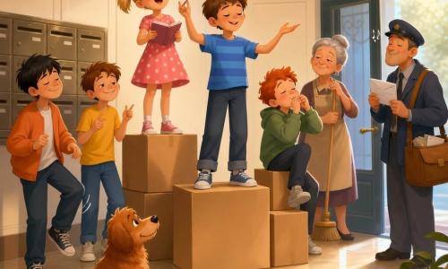 Jest ośmioro postaci: Bartek (11 lat, krótkie brązowe włosy, niebieska pasiasta koszulka) stoi na środkowym pudle i dyryguje małym chórem; Lila (7 lat, blond kitki, różowa sukienka w kropki) stoi na najwyższym pudle z lewej, trzyma notes i śpiewa uśmiechnięta; Kuba (11 lat, rude włosy, zielona bluza) stoi po prawej na niższym pudle, udaje „ogórek”, śmieje się i dmucha w dłonie; Olek (11 lat, czarne włosy, pomarańczowa kurtka) za pudłami z lewej, stuka rytm stopą; Szymek (11 lat, kasztanowe włosy, żółty t‑shirt) obok Olka, zaznacza tempo palcami i psotnie się uśmiecha; pani Zosia (ok. 60 lat, siwe włosy w koku, beżowy fartuch) stoi przy wejściu po prawej, trzyma stary miotłę i z rozbawieniem obserwuje; listonosz (ok. 40 lat, czapka, brązowa torba) stoi w progu z listem i nuci melodię sortując pocztę; plus rudy, pluszowy pies siedzi przy pudłach, przechyla głowę i merda ogonem w rytm. Miejsce: jasny, zużyty hol kamienicy z błyszczącą beżową podłogą w kafle, białe boazerie z metalowymi skrzynkami na listy, lekko migoczące żółte oświetlenie, szklane drzwi z mosiężną klamką, stos kartonów tworzy podium, stary dywan i przewracająca się doniczka w rogu. Sytuacja: cicha, radosna mini‑przedstawienie — dzieci śpiewają bardzo cicho rytmiczny refren, sąsiedzi zbierają się w kręgu, wszyscy słuchają i się uśmiechają; atmosfera jest ciepła, pełna współpracy i rodzinnego humoru, gesty są przesadzone, ale spokojne.