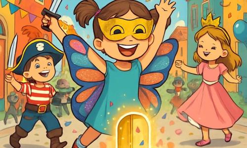 Una ragazza di 10 anni, di nome Giulia, è al centro dell'immagine, raggiante di gioia con un grande sorriso. Indossa un costume da farfalla con ali multicolori, scintillanti di paillettes, e una maschera dorata che brilla sotto il sole. I suoi capelli castani sono raccolti in due codini e danza con entusiasmo, le braccia alzate verso il cielo. Accanto a lei, un ragazzo di 9 anni, travestito da pirata con un cappello nero ornato da una piuma rossa, brandisce una spada di plastica. Ride facendo gesti esagerati, contribuendo all'atmosfera festosa. Un'altra bambina, di 8 anni, vestita da principessa con un abito rosa e una corona scintillante, gira su se stessa, le braccia aperte, circondata da petali di fiori che cadono dolcemente. Lo sfondo è una strada animata, fiancheggiata da case colorate, decorate con festoni di luci e palloncini fluttuanti. I coriandoli volano nell'aria e gruppi di bambini mascherati ballano e giocano intorno a loro, creando un'atmosfera di festa gioiosa. La scena principale mostra Giulia che scopre un tamburo magico ai suoi piedi, circondata da petali rosa, mentre una pioggia di coriandoli scintillanti cade intorno a lei, rivelando una porta dorata misteriosa che si apre su un mondo incantato.