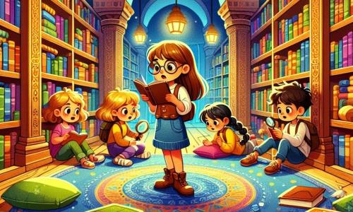 Una ragazza di 8 anni, di nome Giulia, con lunghi capelli castani e occhiali rotondi, mostra un'espressione di eccitazione e determinazione. Tiene un quaderno e una piccola lente, scrutando attentamente il pavimento della biblioteca. Accanto a lei, il suo amico Luca, un ragazzo di 8 anni con capelli biondi arruffati, guarda la mappa dorata che hanno trovato, con aria curiosa e intrigata. Fatima, una ragazza di 8 anni con capelli neri e intrecciati, è accovacciata vicino a uno scaffale, esaminando un libro con un'espressione concentrata. La scena si svolge in una biblioteca accogliente, con grandi scaffali di legno pieni di libri colorati, tappeti morbidi e luci soffuse che creano un'atmosfera invitante. Al centro, un grande tappeto blu è steso, e cuscini sono sparsi attorno, invitando alla lettura. In questa situazione, Giulia e i suoi amici sono in piena indagine per ritrovare il prezioso "Grande Libro delle Avventure Antiche", esplorando la biblioteca con entusiasmo, cercando indizi e sostenendosi a vicenda.