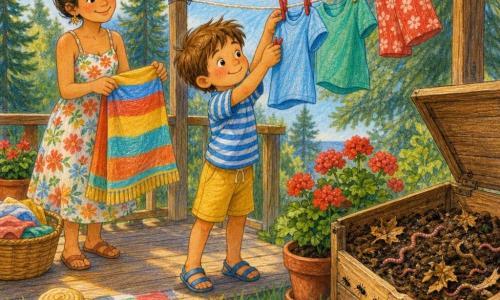Bambino di 6 anni sorridente con capelli castano chiaro scompigliati, maglietta blu a righe e pantaloncini gialli, tiene due mollette rosse e stende una piccola maglietta azzurra su uno stendino alto; una donna di circa 35 anni con capelli castani raccolti a chignon e volto dolce, in abito estivo a fiori, sta dietro a sinistra a supervisionare e sorride porgendo un asciugamano da spiaggia; un compost marrone aperto con terra scura, foglie secche, qualche lombrico e formiche in fila; terrazza in legno soleggiata bordata di pini, corda per stendere tra due pali, vasi di gerani rossi e una coperta a righe sull'erba verde con rugiada; scena principale: un pomeriggio d'estate tranquillo in cui il bambino aiuta a stendere il bucato, il vento fa svolazzare i panni colorati come piccole onde, atmosfera calda e attenta.