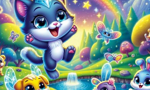 Un pequeño gato llamado Luna, con un pelaje brillante que cambia de color, expresa una gran alegría saltando con entusiasmo en un mundo mágico. Sus ojos brillan de emoción mientras descubre un paisaje de ensueño. A su lado, un adorable conejo con alas de mariposa, llamado Brillo, sonríe con asombro, listo para volar. Un perro mágico, con una cola brillante, se queda un poco atrás, concentrado en un truco de magia, mientras un pez colorido nada en el aire, rodeado de burbujas luminosas. El decorado es un mundo encantador, lleno de árboles brillantes como diamantes, flores cantantes y un cielo salpicado de estrellas brillantes. A lo lejos, un gran arcoíris conduce a una fuente de agua que brilla con todos los colores. La escena principal muestra a Luna y sus amigos maravillándose ante la fuente de la felicidad, listos para beber y descubrir las maravillas que les esperan.