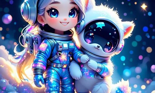 In the center of the image, Luna Bright, a young woman with sparkling silver hair, stands with a big smile on her face, her eyes shining with excitement. She wears a colorful spacesuit adorned with stars and galactic patterns, surrounded by small magical sparkles. Next to her, Wobble, a small creature with big round eyes and fluffy fur, joyfully jumps on a giant flower, his petal-shaped ears floating in the air. He looks playful and happy, adding a touch of magic to the scene. The setting is a magical planet called Starleaf, with a bright blue sky and candy-shaped clouds. The ground is covered in sparkling grass, and gigantic colorful flowers with petal-like jewels surround Luna and Wobble. The main scene shows Luna and Wobble in a moment of joy as they dance together under a starry sky, surrounded by colorful creatures and sparkling fairies joining them in celebration, creating an atmosphere of happiness and magic.