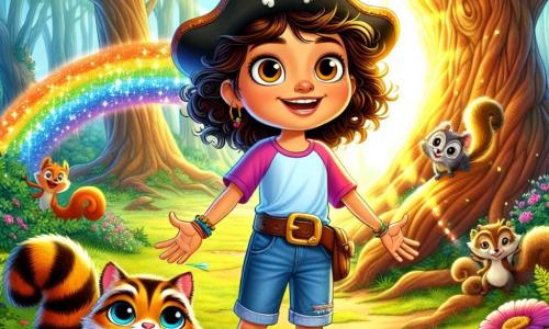 Uma menina de 12 anos, chamada Lola, está no centro da imagem, com cabelos cacheados e um grande sorriso no rosto, mostrando sua determinação e entusiasmo. Ela usa uma camiseta colorida, um short de jeans e um chapéu de pirata que lhe dá um ar aventureiro. Ao seu lado, seu gato, Tico, um pequeno felino de olhos brilhantes e pelagem listrada, observa com curiosidade, pronto para acompanhá-la em sua jornada. Ao fundo, um grupo de esquilos travessos, com caudas fofas e olhos travessos, observa Lola rindo, empoleirados em um galho, adicionando um toque de magia à cena. O cenário é uma floresta encantada, repleta de árvores majestosas com troncos grossos e folhas verdes vibrantes. Flores coloridas salpicam o chão, e um raio de sol filtra pelas folhas, iluminando a cena com uma luz dourada. Lola se prepara para atravessar uma linda ponte em arco-íris, que brilha em todas as cores, simbolizando o desafio que ela deve enfrentar. Ela está prestes a cantar uma canção para passar pela prova, com uma expressão de alegria e empolgação no rosto, enquanto os esquilos a incentivam com aplausos.