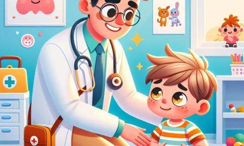 Um homem, o doutor Pedro, sorridente e bondoso, veste um jaleco branco brilhante. Ele tem cabelos castanhos e óculos redondos que lhe conferem um ar simpático. Ele está agachado, segurando uma maleta médica, conversando suavemente com um garoto chamado Tomás, que tem cerca de 6 anos. Tomás, com cabelos loiros bagunçados e olhos brilhantes, olha para o doutor com uma expressão de alívio, com a mão sobre a barriga. O cenário se passa em uma clínica iluminada e acolhedora, com paredes pintadas de azul pastel e desenhos de animais sorridentes pendurados. Brinquedos coloridos estão espalhados pelo chão, e uma grande janela deixa entrar a luz do sol. A situação principal mostra o doutor Pedro tranquilizando Tomás, que se queixa de dores na barriga. O doutor lhe explica calmamente que ele logo se sentirá melhor, enquanto outras crianças brincam alegremente ao fundo, criando uma atmosfera calorosa e reconfortante.