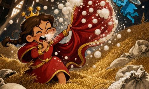 Prinsesje Mira van ongeveer 8 jaar, guitig en glimlachend, bruin haar in twee vlechten, kleine kroon met drie belletjes, rood kleed met gouden randen en een rode mantel vastgeklemd in een graanhopen, tot op de knieën in het graan, lachend en niesend terwijl ze aan haar mantel trekt; een piepkleine fee Ploink ter grootte van een pruim, felblauw lichaam, ronde brilletjes en doorschijnende glinsterende vleugels, vliegt bij Mira’s hoofd, klappend en strooiend met meelglitters; locatie: schuur/zolder met donkere houten balken, ongelijk vloer, gouden graanduinen, versleten witte meelzakken, warme lichtstralen en meelstof in de lucht; hoofdactie: een ondeugende wind blaast de mantel omhoog en doet een meelwolk ontstaan die kleine witte bellen vormt met het woord Hallo als zeepbellen; stijl: verzadigde kleuren, dikke afgeronde contouren, uitvergrote mimiek, dynamische houdingen en korrelige textuur voor graan en meelwolk, vrolijke, fantasierijke sfeer.