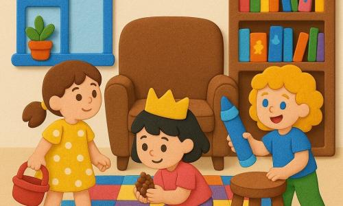 Three girls (about 5: brown pigtails in a yellow polka-dot dress holding a small red basket; about 4: short black hair with a paper gold crown crouching by the armchair holding a small pinecone; about 5: curly blonde hair in a blue t-shirt and green pants holding a large blue pencil like a wand and steadying a low stool) in a warm living room with a colorful square rug, a window with a plant, a bookshelf of picture books and a brown armchair; flat, opaque, sticker-like textures. They are playfully searching for hidden treasures around the window, armchair and shelf, with gentle, attentive gestures and joyful, conspiratorial expressions.