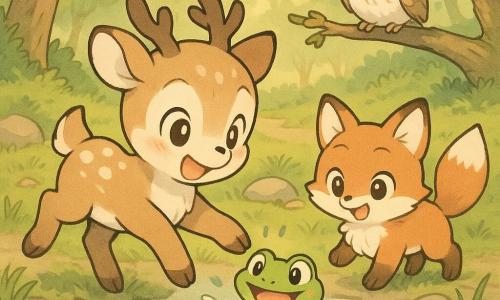 A small soft round fawn with light brown fur speckled with cream, big bright round eyes and a gentle smile jumps happily, reaching a hoof toward a leaf on the water; a small red fox with silky fur and shy mischievous eyes trots to the fawn’s right with a bushy tail; a shiny green frog with bulging eyes sits on a large floating leaf in the pond, looking at the fawn with happy surprise; a small beige owl with wise eyes perches on a low branch above the pond watching gently; setting: a wooded clearing with thick green moss, smooth stones, water lilies and reeds, soft late-afternoon light; scene: friends play by the pond as the fawn helps the frog onto the leaf while the fox applauds and the owl watches, calm and kind atmosphere; style: simple rounded lines, warm pastel colors, exaggerated readable expressions for toddlers, soft uncluttered background.