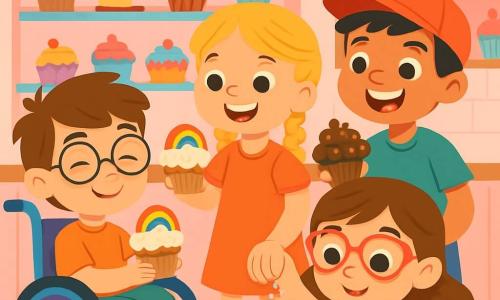 Hay 4 niños: - Lucas: un niño de 7 años, con cabello castaño desordenado y gafas redondas. Está sentado en una bonita silla de ruedas decorada con corazones. - Marta: una niña de 7 años, con cabello rubio trenzado y una sonrisa brillante. Está de pie junto a Lucas, sosteniendo un cupcake decorado con un arcoíris. - Sofía: una niña de 7 años, con cabello castaño y gafas en forma de corazón. Está agachada frente a una mesa, decorando un cupcake con purpurina de colores. - Diego: un niño de 7 años, con cabello negro y una gorra roja. Está de pie detrás de Sofía, sosteniendo un cupcake en forma de explosión de chocolate con una gran sonrisa. El lugar es una encantadora pastelería, con paredes pintadas de rosa pastel y estanterías llenas de pasteles y dulces. Guirnaldas de corazones de papel cuelgan del techo, y una gran vitrina muestra cupcakes coloridos, cada uno decorado de manera única. La atmósfera es alegre y festiva, llena del dulce aroma de las pastelerías. La situación principal muestra a los niños divirtiéndose decorando sus cupcakes para la fiesta de San Valentín, rodeados de colores vivos y risas, intercambiando ideas y sonrisas, creando dulces que simbolizan su amistad.