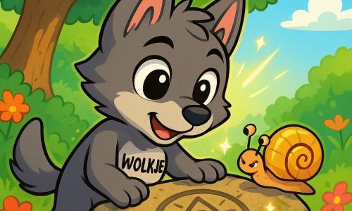 Een kleine grijze wolf genaamd Wolkje, met grote nieuwsgierige ogen en puntige oren, staat voor een oude steen versierd met een mysterieus symbool. Hij lijkt opgewonden en vastberaden, zijn voorpoten op de steen, terwijl hij aandachtig naar de gravure kijkt. Naast hem kruipt een klein slakje met een glanzende schelp, met een ondeugende uitdrukking, over de steen, alsof het hem wil helpen het mysterie op te lossen. De plek is een zonnige open plek, omringd door kleurrijke bloemen met heldere bloemblaadjes, met een majestueuze oude eik op de achtergrond, zijn takken uitgestrekt als verwelkomende armen. De hoofdsituatie toont Wolkje die de verborgen schat ontdekt, met lichtflitsen die om hem heen schitteren, wat een magische en avontuurlijke sfeer creëert.