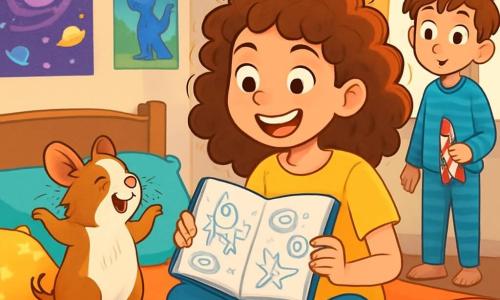 Uma menina de 12 anos, Olívia, com cabelos cacheados e bagunçados, e olhos brilhantes de travessura, está sentada em sua cama, cercada por almofadas coloridas. Ela sorri entusiasmada, segurando um caderno cheio de desenhos e ideias malucas. Ao lado dela, um porquinho-da-índia travesso chamado Tobias, com pelos sedosos e grandes orelhas, faz uma pequena dança na cama, com as patas levantadas, como se estivesse em uma performance. No canto do quarto, seu irmãozinho de 7 anos, Rafael, com cabelos castanhos bagunçados e um pijama listrado, os observa com um olhar curioso e divertido, segurando um pequeno brinquedo em forma de foguete. O quarto é decorado com pôsteres coloridos de galáxias e animais fantásticos, com brinquedos espalhados pelo chão e uma luz suave filtrando pelas cortinas. A cena principal mostra Olívia e Tobias planejando um piquenique noturno no tapete, cheios de empolgação e risadas, enquanto Rafael, intrigado, se pergunta que aventuras os esperam.