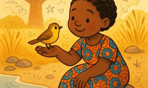 Ayo, a woman with a round smiling face, hazel skin and black hair braided into a crown, wears a colorful orange-and-blue wax-pattern dress and sits at a sparkling riverbank, smiling gently with her hand toward the water; a small lost yellow-and-brown bird perches trustingly on her palm. The sandy shore has tall golden grasses, smooth stones and a large baobab in the background; warm late-afternoon light casts silver reflections on the water and soft shadows, creating a tender, peaceful scene of a reassuring woman holding a fragile bird.