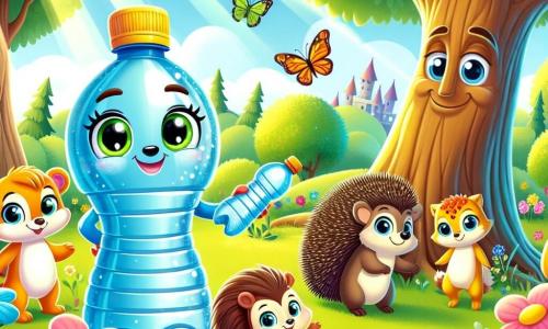 Bella, una bottiglia di plastica sorridente e colorata, si trova al centro di un parco soleggiato, circondata da fiori vivaci e alberi maestosi. Ha occhi scintillanti e un grande sorriso, mostrando la sua determinazione a pulire l'ambiente. Accanto a lei, Nonno Quercia, un vecchio quercia saggio, la guarda con orgoglio, le sue branche leggermente inclinate per incoraggiarla. Rocco, un piccolo riccio, è accovacciato vicino a Bella, raccogliendo una bottiglia di plastica con entusiasmo. Lila, una farfalla dai colori vivaci, vola intorno a loro, felice di partecipare. Il parco è vibrante, pieno di fiori multicolori e raggi di sole che filtrano tra le foglie. I quattro amici sono uniti nel loro sforzo per pulire il parco, sorridendo e illustrando l'importanza di prendersi cura della natura.