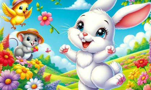 A small white rabbit with big ears and a joyful smile hops in a flower-filled field, its hind legs in the air and its eyes sparkling with happiness. Nearby, a small gray mouse with a straw hat, eyes shining with excitement, picks colorful flowers while standing on its hind legs, admiring the rabbit. A bright yellow bird perched on a tree branch sings cheerfully, its wings slightly spread, adding life to the scene. The setting is a beautiful green field dotted with vibrant flowers of all colors: red, yellow, pink, and purple, under a clear blue sky with a few fluffy white clouds. The main scene shows the rabbit and its friends playing together, laughing and dancing among the flowers, celebrating the arrival of spring with contagious joy.