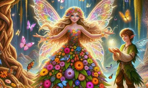 Una hada llamada Lila, con alas brillantes y translúcidas, se encuentra en el centro de la escena, su rostro radiante de determinación y alegría. Tiene largos cabellos dorados que flotan a su alrededor y viste un vestido hecho de pétalos de flores coloridas. Lila está liberando mariposas de colores al esparcir Polvo de Estrella, un polvo brillante, sobre telas de araña mágicas. A su lado, un pequeño duende llamado Leo, de unos 8 años, con orejas puntiagudas y una sonrisa traviesa, la observa con admiración. Tiene el cabello castaño desordenado y lleva pantalones de hojas y una túnica de corteza de árbol. Leo sostiene un frasco brillante en su mano, listo para ayudar a su nueva amiga. El decorado es un magnífico santuario de mariposas, lleno de flores vibrantes, rodeado de grandes árboles y lianas colgantes. Luciérnagas iluminan el entorno con su suave luz, creando una atmósfera mágica. La situación principal muestra a Lila y Leo unidos en una acción heroica, luchando juntos para liberar el santuario de las telas de araña, trayendo color y vida a las mariposas que los rodean.