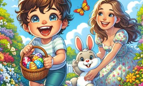 Un niño pequeño de 2 años, Lucas, con cabello castaño desordenado y ojos brillantes de alegría, sostiene una pequeña cesta de mimbre llena de huevos de colores. Sonríe ampliamente, mostrando sus pequeños dientes, y está agachado en un jardín soleado, rodeado de flores brillantes y mariposas coloridas. Junto a él, su mamá, una mujer de unos 30 años, con cabello largo castaño y una sonrisa cálida, también se agacha para ayudarlo a buscar huevos. Lleva un vestido ligero y colorido que danza al viento. En el jardín, un adorable conejito blanco, el Conejito de Pascua, con grandes orejas y ojos traviesos, salta alegremente a su alrededor, añadiendo un toque de magia a la escena. El jardín está lleno de flores multicolores, arbustos verdes exuberantes y un cielo azul claro, salpicado de algunas nubes blancas esponjosas. La situación principal muestra a Lucas, maravillado, descubriendo un huevo de chocolate brillante escondido detrás de un arbusto, mientras su mamá y el conejo lo animan con sonrisas alegres.
