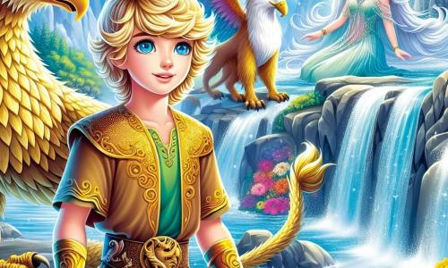 Un giovane principe di nome Elian, di circa 12 anni, si trova al bordo di una cascata scintillante, con un sorriso meravigliato sul volto. Ha capelli biondi ricci che brillano al sole, occhi azzurri chiari pieni di curiosità, e indossa una tunica dorata decorata con motivi di draghi. Accanto a lui, una creatura leggendaria, un maestoso grifone con piume dorate e occhi saggi, si erge fiero, con le ali spiegate, pronto a proteggerlo. Sullo sfondo, la regina delle montagne, una silhouette eterea con lunghi capelli argentati, fluttua dolcemente, osservando Elian con benevolenza. Il paesaggio è incantevole, con la cascata che versa acqua cristallina su rocce lisce, circondata da fiori colorati e alberi dalle foglie argentee che scintillano sotto la luce del sole. La scena principale mostra Elian, meravigliato, mentre scopre la spada leggendaria posata su un altare di pietra, mentre il grifone e la regina delle montagne lo osservano con orgoglio, simboleggiando l'armonia tra il mondo umano e quello magico.