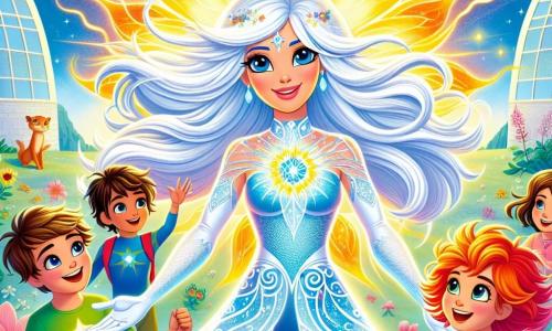 Mira Luminii, o supereroină, este în centrul imaginii, cu un zâmbet cald pe față. Are părul lung argintiu care strălucește sub soare și ochii albaștri strălucitori. Este îmbrăcată într-un costum luminos, în nuanțe de albastru și alb, care evocă lumina și magia. Mira își întinde mâna către un grup de tineri eroi, încurajându-i cu bunătate. La dreapta ei, Alex, un băiat de aproximativ 10 ani, are părul brun și poartă un tricou verde. Zâmbește, cu ochii strălucind de entuziasm, și pare pregătit să-și folosească puterea de a controla vântul. La stânga ei, Mia, o fetiță de 9 ani cu părul roșu, este înconjurată de animale mici care o ascultă atent, având un aer vesel. Decorul este o splendidă fânărie albă cu acoperișuri rotunjite, înconjurată de verdeață luxuriantă, unde flori colorate dansează în vânt. Cerul este de un albastru strălucitor, presărat cu nori albi pufoși. Scena o reprezintă pe Mira și tinerii eroi în timpul antrenamentului, descoperind și celebrând puterile lor unice, plini de entuziasm și camaraderie.