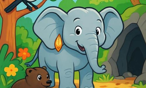 Un elefante dalle grandi orecchie, con un manto grigio argenteo lucente, si trova al centro della scena, con uno sguardo determinato e gioioso. Indossa un orecchino in foglia d'oro che scintilla alla luce. Accanto a lui, un piccolo tasso dal manto marrone scuro, con occhi vivaci e curiosi, osserva attentamente, pronto ad aiutarlo nell'avventura. Più in là, una gazza dalle piume nere e bianche, posata su un ramo, scruta l'ambiente con un'espressione maliziosa, mentre una lucertola verde, veloce e agile, si fa strada tra l'erba alta. La scena si svolge nella magnifica Foresta dei Sussurri, dove alberi maestosi si ergono verso un cielo azzurro e fiori colorati sbocciano attorno a loro, creando un quadro vivente di colori vivaci. Raggi di sole filtrano attraverso il fogliame, illuminando il terreno coperto di foglie dorate. L'elefante e i suoi amici si preparano a entrare in una misteriosa grotta buia, dove l'avventura li attende, determinati a trovare il Rubino della Sorgente. L'atmosfera è carica di eccitazione e mistero, mentre avanzano insieme, uniti dall'amicizia e dal coraggio.