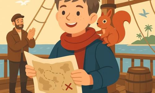 A young boy named Finn, freckled face, short brown hair, red scarf fluttering, simple blue coat and leather boots, smiling determinedly while holding an unfurled map at the ship's prow; a small deck squirrel named Pip, red fur and bright eyes, perches on Finn's shoulder, hopping and looking at the map; an adult man of about 40 with a short beard and brown jacket stands on the deck near a barrel applauding; the wooden deck of the pirate ship Starwhisper with polished planks, coiled ropes, a tall mast and partially furled sails, a few white seagulls, a sparkling blue sea and a distant green island with palms; after the storm Finn stands proudly at the bow with the saved map, dawn's golden light illuminating the joyful crew—mood of hope, adventure and victory.