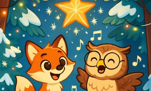 Ein kleiner roter Fuchs namens Finn mit großen leuchtenden Augen und einem fröhlichen Lächeln steht im Zentrum einer von goldenem Licht erhellten Lichtung. Er schaut begeistert auf einen wunderschönen leuchtenden Weihnachtsstern, umgeben von funkelnden Schneeflocken. Neben ihm steht eine weise Eule mit braunen Federn und runden Brillen, namens Herr Hoo, die stolz wirkt, mit leicht ausgebreiteten Flügeln, als wolle sie den Fuchs beschützen. Die Szene spielt in einem verzauberten Wald, wo die Bäume mit funkelndem Schnee bedeckt sind und bunte Lichter in den Ästen leuchten. Finn und Herr Hoo singen zusammen voller Freude, um dem Stern, der die Weihnachtsnacht erhellt, neues Leben einzuhauchen.
