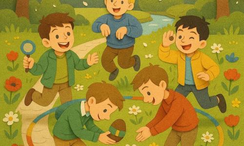 Vier jongens (±11-12 jaar): links een bruinharige jongen met groene jas en papieren vergrootglas, achterin een blonde jongen in blauw sweattruitje die een klein hupje maakt met zijn handen als pootjes, rechts een zwartharige jongen in gele jas die met een “loep”-hand voor zijn oog naar een bloem kijkt zonder die aan te raken, vooraan een lichtbruinharige jongen in rood truitje die zich licht buigt en een klein chocoladenei met groene band, in vieren gedeeld, vasthoudt. Locatie: bloemenweide met klaprozen, madeliefjes, klavers en korenbloemen, een licht gekleurde kasseienweg en een kleurrijke krijtkring op de grond, bloeiende bomen met dwarrelende witte bloemblaadjes en een glinsterend beekje. Situatie: de jongens dansen vrolijk en synchroon in de krijtkring, maken overdreven respectvolle gebaren richting de bloemen (geen plant wordt aangeraakt), delen het chocolade-ei, vallende bloemblaadjes als confetti, collage-achtig papiertextuur, verzadigde kleuren en zachte ochtendlichtschaduwen.