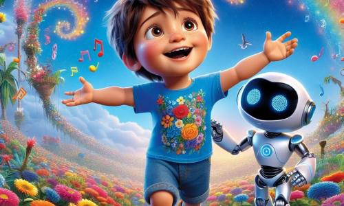 Un bambino di 3 anni, di nome Leo, con capelli castani disordinati e occhi brillanti di curiosità, balla felicemente in un giardino sospeso. Indossa una maglietta colorata con motivi floreali e pantaloni corti blu. Il suo viso irradia felicità mentre canta con fiori che emettono note musicali colorate intorno a lui. Accanto a lui, Rocco, un robot amichevole di forma umanoide, con una superficie argentata brillante e occhi luminosi, sorride incoraggiandolo. Rocco ha una voce dolce e osserva Leo con orgoglio. Il luogo è un giardino sospeso che fluttua nell'aria, pieno di piante lussureggianti e fiori brillanti di tutti i colori dell'arcobaleno. Palloncini colorati fluttuano intorno, sostenendo il giardino, mentre il cielo è di un blu profondo punteggiato di nuvole bianche e soffici. La scena principale mostra Leo e Rocco che celebrano la bellezza della loro città futuristica, circondati da fiori cantanti, in un'atmosfera gioiosa e magica, illustrando l'armonia tra natura e tecnologia.