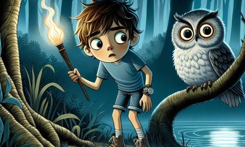 Un ragazzo di 12 anni, Leo, si trova in riva a un lago misterioso, con gli occhi spalancati dalla curiosità e dall'apprensione. Ha capelli castani spettinati, una maglietta blu e pantaloni corti di jeans, tenendo una torcia in una mano e un vecchio braccialetto d'argento nell'altra. Accanto a lui, un gufo dalle piume grigie e dai grandi occhi rotondi lo osserva, posato su un ramo, sembrando incoraggiarlo nella sua avventura. Il luogo è una foresta oscura e fitta, con alberi dai tronchi nodosi e foglie che sussurrano al vento. La superficie del lago è calma, riflettendo la luce della luna, mentre leggere nebbie fluttuano sopra l'acqua, creando un'atmosfera magica e inquietante. La situazione principale mostra Leo, esitante ma determinato, pronto a immergersi nei misteri del lago, mentre una silhouette eterea di una ragazza, Bianca, appare sulla superficie dell'acqua, invitandolo ad aiutarla a scoprire la verità sul suo passato.