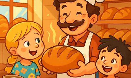 Un uomo sorridente, il panettiere Paolo, è al centro dell'immagine. Ha i capelli castani leggermente arruffati, guance rotonde e un divertente baffo. Indossa un grande grembiule bianco macchiato di farina e tiene tra le mani una grande pagnotta di pane dorato, emanando un calore confortante. Il suo viso irradia felicità e orgoglio. Accanto a lui, una bambina di circa 7 anni, con i capelli biondi intrecciati, guarda con meraviglia la pagnotta di pane. Indossa un vestito colorato a fiori e i suoi occhi brillano di gioia. Un bambino di 5 anni, con i capelli neri arruffati, si trova appena dietro di lei, tenendo un piccolo pane tra le mani, con un grande sorriso sul volto. La scena si svolge in una panetteria accogliente, con pareti in legno chiaro e scaffali pieni di pani di tutte le forme. I raggi di sole filtrano attraverso le finestre aperte, illuminando la stanza e creando un'atmosfera accogliente. Sacchi di farina e utensili da panetteria sono sparsi sul tavolo di legno. La situazione principale mostra Paolo mentre estrae una pagnotta di pane dal forno, mentre i bambini lo osservano con occhi meravigliati, impazienti di assaporare le sue deliziose creazioni.