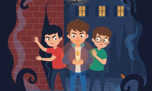 Three boys, about 12: a brown-haired boy in a blue jacket and jeans holds a small lit candle with both hands at the scene's center, determined, foreground; a short black-haired boy in a red T-shirt frowns and pushes slightly against the brick wall to the left; a round‑glassed boy in a green shirt, worried, keeps a hand near the candle to protect it, to the right. Night cobbled alley behind a bakery, red brick walls with a narrow glowing crack, an old lamppost casting soft yellow light, window shutters with night lights, damp cold atmosphere, some steam and dead leaves on the ground. The three have opened a secret seam in the wall and partly emerge into the alley; the candle creates a warm aura that repels creeping blue and black shadows at the edges; the window night lights seem to turn toward them. Composition centered on the candle, strong contrast between the warm ring of flame and bluish darkness, spiky shadow silhouettes in the background; deep night palette (midnight blue, indigo) with warm accents (orange, yellow), flat textures, simple shapes, crisp outlines.