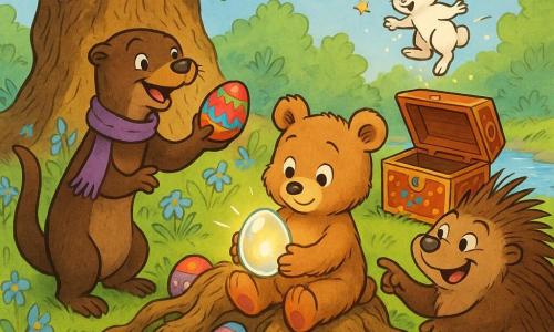 Tobia, piccolo orso marrone chiaro dal pelo morbido e sguardo timido, tiene un uovo di cristallo luminoso; la lontra Viola, slanciata dal pelo bruno e sciarpa viola, sorride offrendo un uovo dipinto, dietro a sinistra; Ernesto, istrice robusto dagli aculei bruni, indica una scatola di legno decorata a destra, pronta ad essere aperta; un minuscolo coniglio bianco salta fuori in una pioggia di scintille sopra la scatola; la scena sotto una quercia secolare dalle radici nodose in una radura illuminata, erba verde, campanule azzurro chiaro e un ruscello luccicante; azione principale: Tobia posa l’uovo di cristallo sulle radici e decine di uova colorate appaiono magicamente intorno a loro creando un’atmosfera gioiosa e festosa, colori vividi, dettagli nitidi e texture visibili (pelo, legno, lucentezza del cristallo).