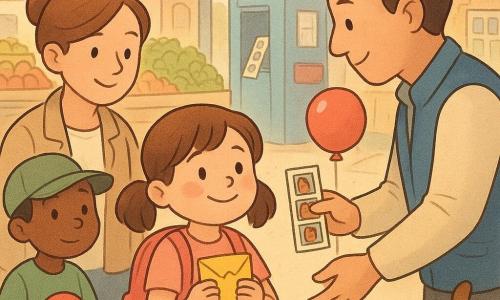O fetiță de 6 ani, Mara, privește ușurată și mândră, ținând aproape de piept un plic mic galben pliat; mama (≈30 ani) stă în stânga cu un zâmbet calm și o mână pe umărul ei; Luca, un băiat de 6 ani cu șapcă verde, ține un balon roșu și arată o bandă de fotografii puțin în spate, în dreapta; un bărbat înalt (≈40 ani) cu vestă albastră îi înmânează plicul, aplecându-se blând, cu o expresie binevoitoare; o pisicuță tigrată cu zgărdiță cu clopoțel se strecoară în prim-plan; locul e o mică hală acoperită de piață cu tarabe colorate, lăzi de lemn, un fotomat albastru de unde iese o bandă foto și o cutie poștală mare roșie lângă standul de cartele; scena centrală surprinde momentul predării plicului, cu lumini calde, culori pastelate, texturi moi, linii rotunjite și contururi fine, umbre delicate și o atmosferă calmă și veselă.