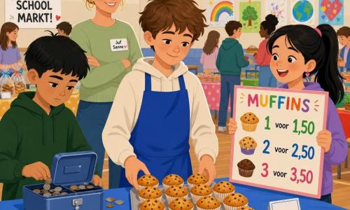 Milo, 12-jarige jongen, sereen en geconcentreerd, glimlachend met lichtrode wangen en warrig bruin haar, draagt een te groot blauw schort en zet twee bakjes met goudbruine muffins in rijen van drie op tafel; Yara, ongeveer 12, levendig met zwart paardenstaart, houdt rechts een kleurrijk bord met muffintekeningen en grote prijsletters; Kenan, ongeveer 12, serieus en georganiseerd met kort haar, staat links en houdt een open kassalade waarin hij munten sorteert; juf Sanne, volwassen, kalm en zorgzaam met opgesloten blond haar, staat wat terughoudend glimlachend toeziend; locatie: schoolzaal met grote tafels met gekleurde tafelkleden, papieren slingers aan het plafond, kindertekeningen aan de muren en zacht licht van hoge ramen; situatie: druk maar hartelijk schoolmarktje, duidelijke etiketten met tekeningen en prijzen, klanten naderen, samenwerkende en ordelijke sfeer.