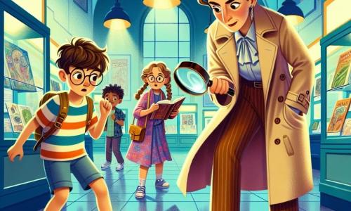Helena, uma detetive de trinta e poucos anos, tem cabelo castanho preso em um coque e usa um trench coat bege. Seu rosto expressa determinação e curiosidade, com olhos vivos que observam a cena. Ela segura uma lupa na mão direita, examinando atentamente uma pegada no chão. Ao seu lado, Lucas, um garoto de 10 anos com óculos redondos e cabelo bagunçado, observa a pegada com fascínio. Ele veste uma camiseta listrada e um short, parecendo animado com a descoberta. Sofia, uma menina de 9 anos com cabelo loiro trançado, está inclinada sobre um livro aberto, procurando pistas. Ela usa um vestido colorido e tem uma expressão concentrada. A cena acontece em uma sala de exposições de uma escola, com vitrines de vidro, cartazes de projetos científicos nas paredes e uma iluminação suave que cria uma atmosfera misteriosa. Helena e as crianças descobrem uma pegada que os leva a um mistério a ser resolvido, enquanto buscam o troféu da feira de ciências desaparecido.