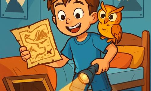 A 10-year-old boy named Oliver, with messy brown hair and sparkling curious eyes, stands at the center of the scene, a wide smile on his face. He wears a blue t-shirt and denim shorts, holding an old treasure map in one hand and a flashlight in the other, ready to explore. Next to him, a small owl with golden feathers perched on his shoulder seems to encourage him with a mischievous look. The setting is a child's room, with light blue walls, adventure posters hanging, and a messy bed filled with colorful cushions. On the floor, a wooden trapdoor is open, revealing a dark and mysterious tunnel illuminated by a golden glow that catches the eye. The main situation shows Oliver, excited and determined, ready to embark on an underground adventure in search of hidden treasure, while the owl seems to whisper secrets of ancient mysteries to him.