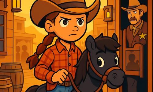 Sage McCoy, a 12-year-old girl, is at the center of the image, wearing a wide cowboy hat and a determined look. Her brown hair is braided, and she wears a red plaid shirt and worn jeans. She firmly holds the reins of her horse, Cricket, a small black pony with bright eyes, standing beside her, ready for adventure. In the background, Sheriff Tom, a man in his forties with graying mustache and a shiny badge on his chest, stands near the saloon door, looking worried and watching strangers with suspicion. The setting is a small town in the Wild West, with dusty wooden buildings, wooden barrels, and lanterns hanging on the walls. The sun sets on the horizon, casting a golden light on the scene. The main focus shows Sage, with a brave expression, ready to enter the saloon where dark silhouettes are visible behind the windows. The sound of music and voices rises, creating a tense and mysterious atmosphere.