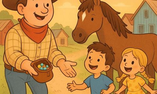 A smiling, relieved cowboy with a round face, fair skin, wide brown felt hat, red neckerchief, beige plaid shirt and shiny leather boots holds an open small leather pouch of shiny marbles and reaches toward children; a about-6-year-old boy with short brown hair and a blue t-shirt runs laughing with arms outstretched, and a about-5-year-old girl with blonde pigtails in a yellow floral dress jumps beside him, eyes wide at the sparkling marbles; Dusty, a large brown horse with a white forehead spot and soft mane, stands calmly near the cowboy; the village is a dirt lane with colorful wooden houses (red, blue, cream), corrugated roofs, a wooden fence and wild yellow and white roadside flowers; soft orange-pink sunset light, long shadows and warm colors; central scene of handing out shiny marbles, bright faces and an atmosphere of joy and safety after an adventure; soft comic style with rounded lines, saturated pastel colors and visible fabric and wood textures, child-friendly expressions.