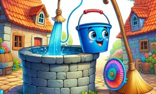 Un secchio di plastica blu, con un manico rosso che oscilla gioiosamente, si trova al bordo di un pozzo profondo, con occhi brillanti di eccitazione e anticipazione. Ha un ampio sorriso curioso, pronto a raccogliere la sfida di tirare l'acqua magica dal fondo. Accanto a lui, una scopa dalle setole dorate, con un'espressione divertita e incoraggiante, osserva la scena mentre tiene una corda nei suoi peli, pronta ad aiutare il suo amico. Un ventaglio colorato, che fluttua dolcemente nell'aria, sorride benevolmente, pronto a soffiare un colpo di vento per aiutare il secchio nella sua avventura. Il luogo è un pittoresco villaggio, con case colorate dai tetti di tegole, fiori vivaci lungo i sentieri pavimentati, e un antico pozzo in pietra, circondato da vegetazione lussureggiante e raggi di sole che filtrano tra le foglie. La situazione principale mostra il secchio che si prepara a tuffarsi nel pozzo, con un'espressione determinata sul suo viso, mentre i suoi amici lo incoraggiano, creando un'atmosfera di cameratismo ed eccitazione di fronte all'ignoto.