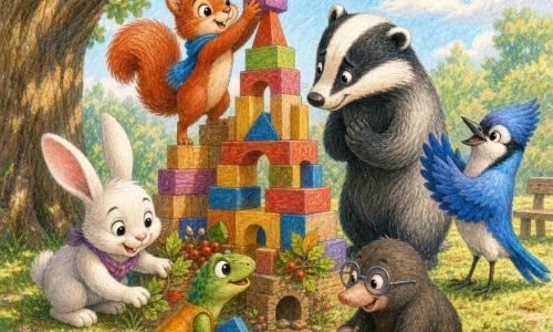 Sunny the Squirrel, main character: small red squirrel with bright eyes and a blue scarf, smiling confidently as she places the final colorful block atop a play tower; Bo the Badger: large gray-and-black badger with a shy but gentle expression, bowing slightly beside the tower; Jessie the Jay: bright blue bird with shiny feathers and half-open wings, clapping behind Sunny to the right; Ruby the Rabbit: small white bunny with long pink ears, joyful and crouched to the left decorating the tower base with leaves and red berries; Liam the Lizard and Max the Mole: a focused little green lizard holding a block and a smiling brown mole with glasses digging a small decorative hole, crouched in front of the tower working together; setting: outdoor schoolyard under a large green oak, soft grass dappled with light, wooden bench, pale blue sky with a few fluffy clouds, scattered colorful leaves and berries; main situation: a warm cooperative moment with all the animal children of different sizes placing the last block together, bright colors, soft colored-pencil style, expressions of friendship and equality, composition centered on the tower and circle of friends.