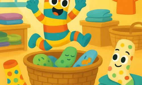 Benny, a brightly colored striped sock, is joyfully jumping out of a laundry basket, his round eyes shining with excitement and a big smile on his face. He is surrounded by sleeping socks, some with colorful polka dots and others with small animal patterns. Nearby, a polka-dotted sock named Penny emerges from a pile of towels, her eyes sparkling with curiosity and a mischievous smile on her lips. The setting is a bright laundry room filled with wicker baskets, scattered colorful clothes, and sunlight streaming through a window. The main scene shows Benny looking for his twin Penny, with socks having fun around him, creating a playful and lively atmosphere.