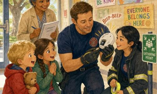 A firefighter of about 40, warm-faced with a gentle smile, short brown hair, wearing a navy T‑shirt and dark trousers with his helmet beside him, kneels to replace a battery in a white smoke detector; his gloved hands hold the battery and detector and his expression is focused and reassuring. Ms. Patel, the director in her fifties with gray hair in a bun and a beige jacket, holds a notebook and stands slightly back to the left, relieved and attentive. A young firefighter, Jade, about 25, fair-skinned with black hair in a ponytail and an open turnout jacket, smiles and stands to the right holding fluorescent tape ready to help. A blond boy of about 8 in a red coat holds a stuffed toy and watches the detector to the left front; a 9‑year‑old girl with brown braided hair in a green jacket stands slightly right, hands clasped and eyes wide with wonder. The scene is a bright community center hallway with light brick walls, colorful children’s posters, beige linoleum, a glass door showing a large oak outside, and a post with a fluorescent-tape assembly point sign. The moment is calm and educational as the firefighter replaces the battery and presses the test button—the detector emits a loud BEEP-BEEP, the children startle then laugh in relief, and the atmosphere is safe and caring.