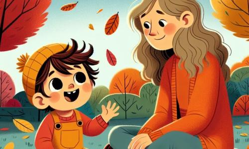 Un niño pequeño de 1 año, con cabello castaño desordenado y grandes ojos curiosos, está sentado en la hierba, sonriendo ampliamente. Lleva un overol naranja y un gorro de lana amarillo, y está recogiendo hojas de colores que caen a su alrededor. A su lado, su madre, una mujer de unos 30 años con cabello largo y rizado, vestida con un suéter rojo y jeans, lo observa con ternura. Ella está sentada sobre una manta de picnic, rodeada de algunas hojas, y sonríe al mirar a su hijo. El lugar es un jardín de otoño, lleno de árboles con hojas brillantes en tonos de rojo, naranja y amarillo que iluminan el paisaje. El cielo es de un azul claro, salpicado de algunas nubes blancas y esponjosas. La escena principal muestra al niño maravillado por la belleza de las hojas que caen, mientras las recoge con entusiasmo, listo para usarlas para crear un hermoso dibujo.